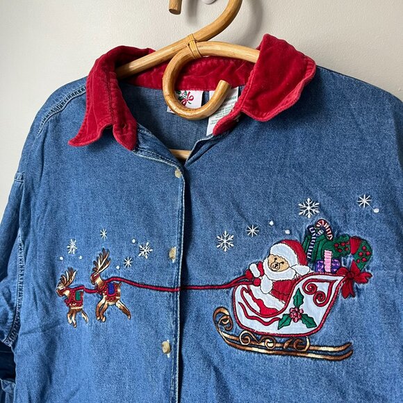 Vintage Nutcracker Denim Button Down Embroidered Santa Claus Christmas Top XL - Picture 2 of 4